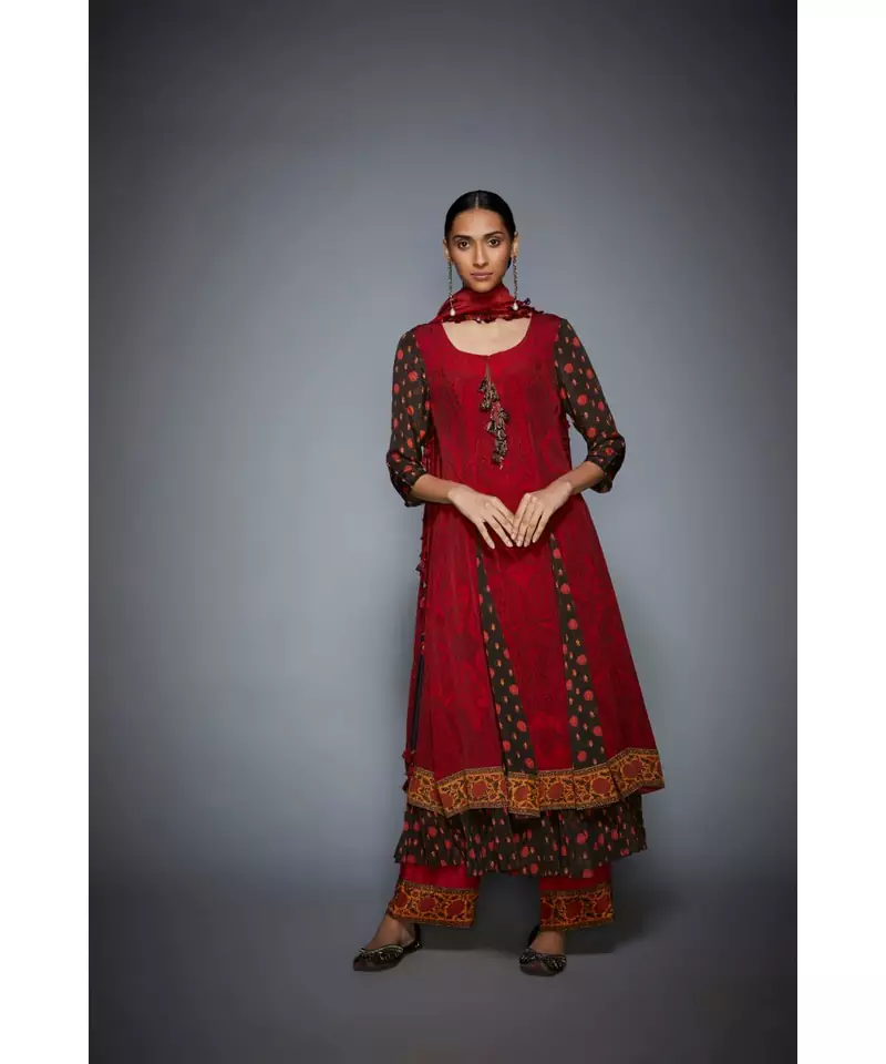 Ri Ritu Kumar Brown and Brick Red, Kurta With Pant & Chunni
