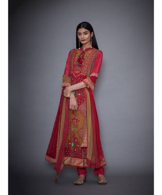 Ri Ritu Kumar Red & Olive Printed Crepe Kurta With Churidar And Duppata 1