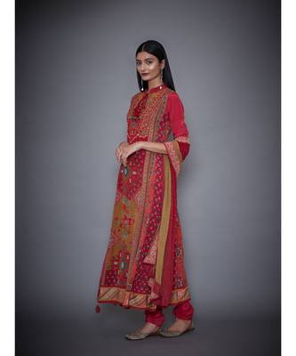 Ri Ritu Kumar Red & Olive Printed Crepe Kurta With Churidar And Duppata 2