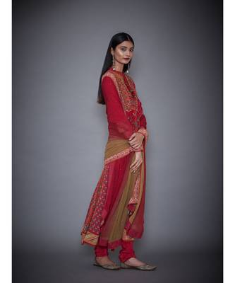 Ri Ritu Kumar Red & Olive Printed Crepe Kurta With Churidar And Duppata 3