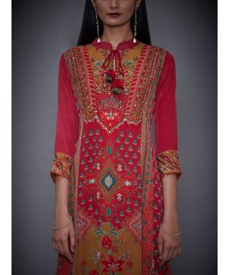 Ri Ritu Kumar Red & Olive Printed Crepe Kurta With Churidar And Duppata 5