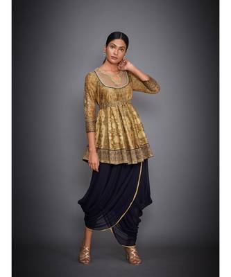 Ri Ritu Kumar Gold & Navy Aari Embroidered Kurti With Dhoti Pants 1