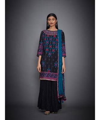 Ri Ritu Kumar Round Neck Black And Turquoise Kurta With Garara & Dupatta 1