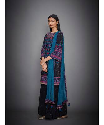 Ri Ritu Kumar Round Neck Black And Turquoise Kurta With Garara & Dupatta 2
