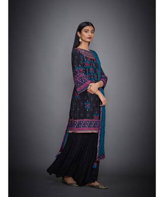 Ri Ritu Kumar Round Neck Black And Turquoise Kurta With Garara & Dupatta 3