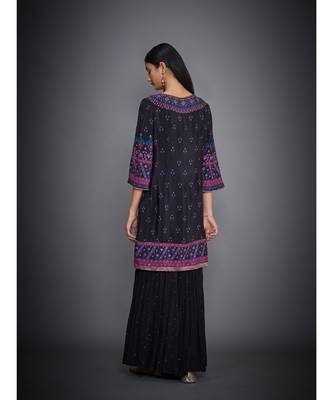 Ri Ritu Kumar Round Neck Black And Turquoise Kurta With Garara & Dupatta 4