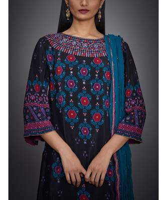 Ri Ritu Kumar Round Neck Black And Turquoise Kurta With Garara & Dupatta 5