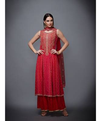 Ri Ritu Kumar red chiffon Round Neck Sleeveless Kurta With Palazzo & Dupatta 1
