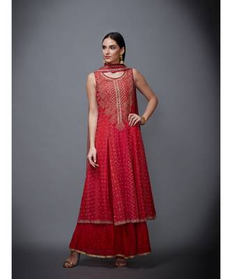 Ri Ritu Kumar red chiffon Round Neck Sleeveless Kurta With Palazzo & Dupatta 2