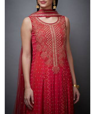 Ri Ritu Kumar red chiffon Round Neck Sleeveless Kurta With Palazzo & Dupatta 6