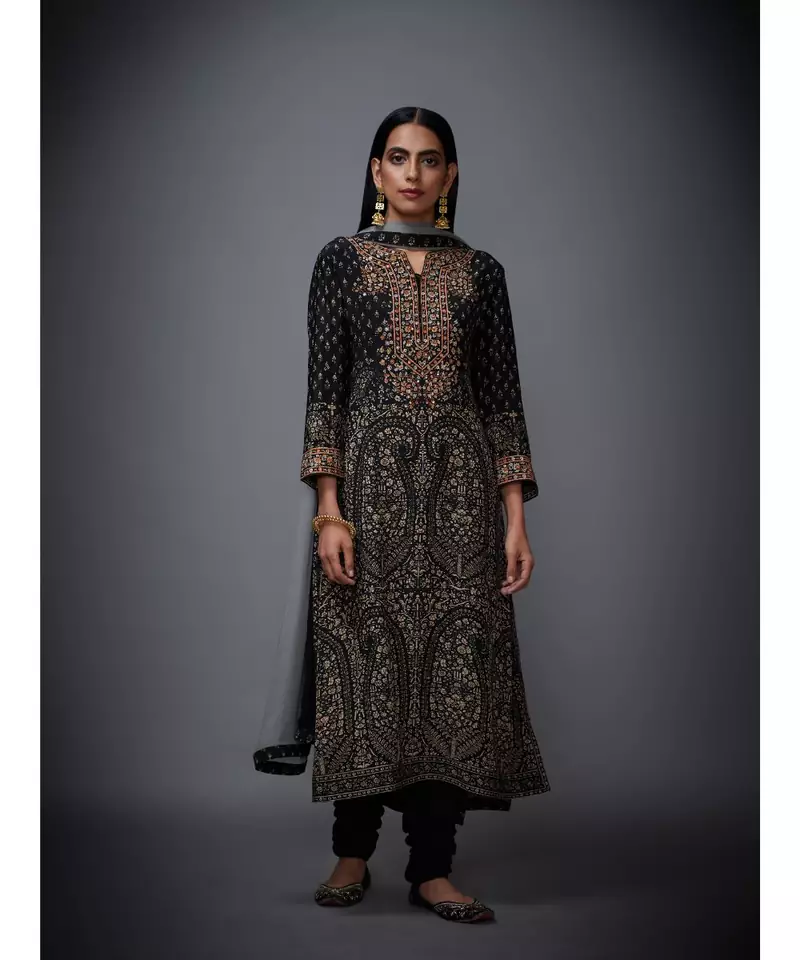 Ri Ritu Kumar Black And Beige Embroidered Kurta With Churidar & Dupatta