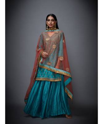 Ri Ritu Kumar Turquoise & Gold Embroidered Kurta With Dupatta And Palazzo 1