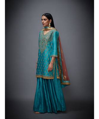 Ri Ritu Kumar Turquoise & Gold Embroidered Kurta With Dupatta And Palazzo 2