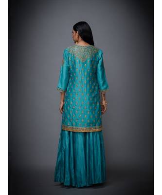 Ri Ritu Kumar Turquoise & Gold Embroidered Kurta With Dupatta And Palazzo 4