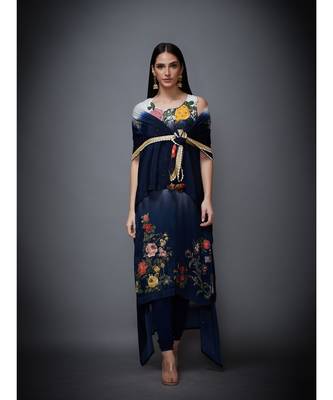 Ri Ritu Kumar Off White & Indigo Floral Ombre Cape With Inner, Leggings & Dupatta 1