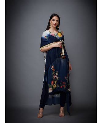 Ri Ritu Kumar Off White & Indigo Floral Ombre Cape With Inner, Leggings & Dupatta 2