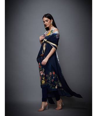 Ri Ritu Kumar Off White & Indigo Floral Ombre Cape With Inner, Leggings & Dupatta 3