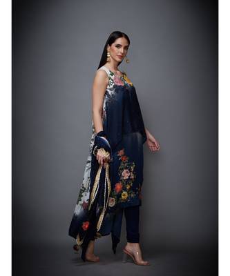 Ri Ritu Kumar Off White & Indigo Floral Ombre Cape With Inner, Leggings & Dupatta 4