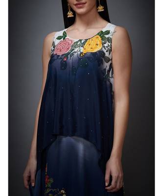 Ri Ritu Kumar Off White & Indigo Floral Ombre Cape With Inner, Leggings & Dupatta 5
