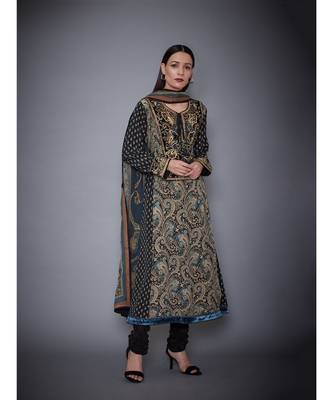 Ri Ritu Kumar Black & Beige Jamawar Kurta With Churidar & Dupatta 1