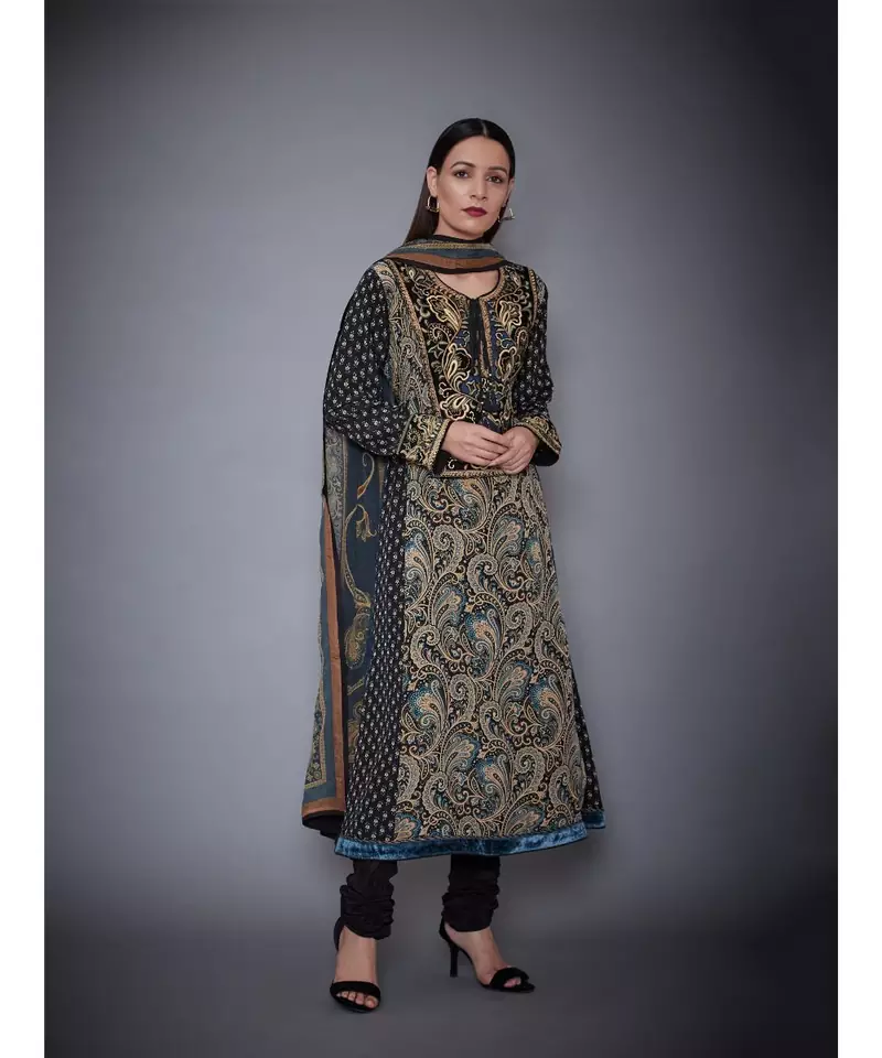 Ri Ritu Kumar Black & Beige Jamawar Kurta With Churidar & Dupatta
