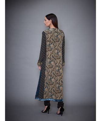 Ri Ritu Kumar Black & Beige Jamawar Kurta With Churidar & Dupatta 4