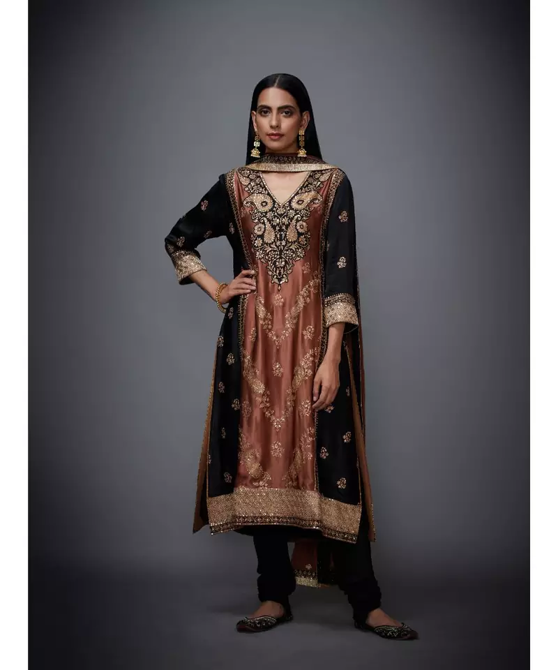 Ri Ritu Kumar Black satin Geometric Print Kurta With Churidar And Chunni