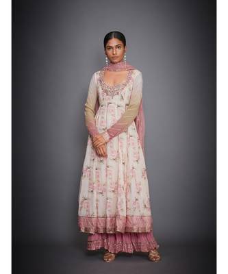 Ri Ritu Kumar Offwhite and Pink Floral Tropical Kurta With Palazzo & Dupatta 1