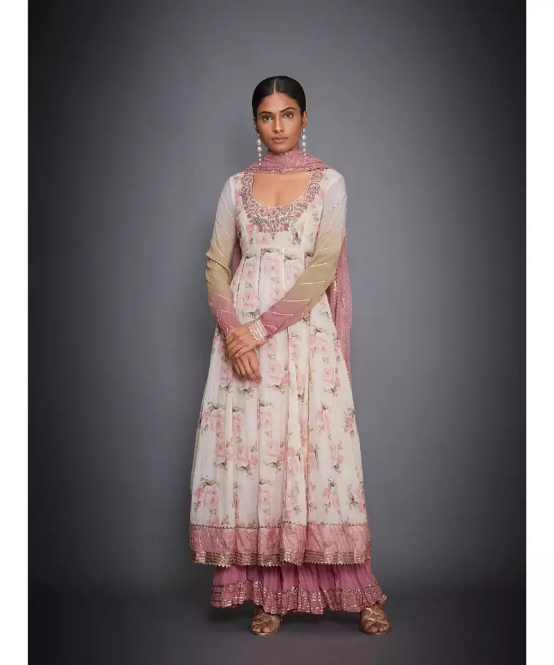 Ri Ritu Kumar Offwhite and Pink Floral Tropical Kurta With Palazzo & Dupatta