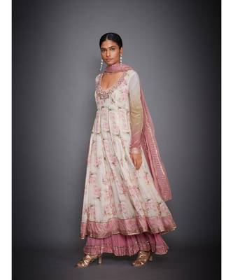 Ri Ritu Kumar Offwhite and Pink Floral Tropical Kurta With Palazzo & Dupatta 2
