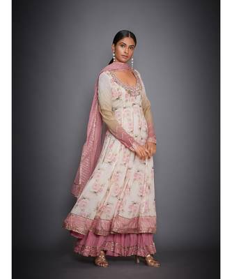 Ri Ritu Kumar Offwhite and Pink Floral Tropical Kurta With Palazzo & Dupatta 3