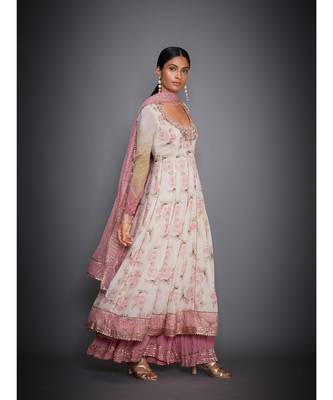 Ri Ritu Kumar Offwhite and Pink Floral Tropical Kurta With Palazzo & Dupatta 4