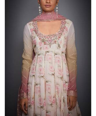 Ri Ritu Kumar Offwhite and Pink Floral Tropical Kurta With Palazzo & Dupatta 6