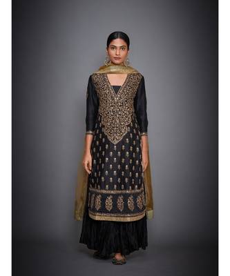 Ri Ritu Kumar Black cotton silk Kurta With Crinkled Palazzo and Dupatta 1