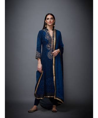 Ri Ritu Kumar Indigo Embroidered Kurta With Dupatta And Churidar 1