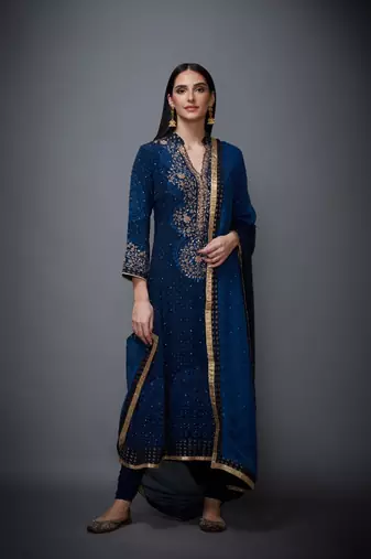 Ri Ritu Kumar Indigo Embroidered Kurta With Dupatta And Churidar