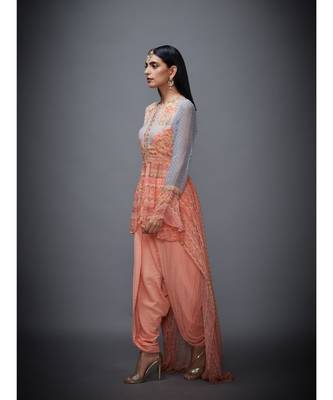 Ri Ritu Kumar Peach Viscose Round Neck Full Sleeves Kurta With Dhoti Pant 2