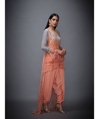 Ri Ritu Kumar Peach Viscose Round Neck Full Sleeves Kurta With Dhoti Pant 3