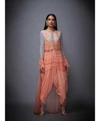 Ri Ritu Kumar Peach Viscose Round Neck Full Sleeves Kurta With Dhoti Pant 5