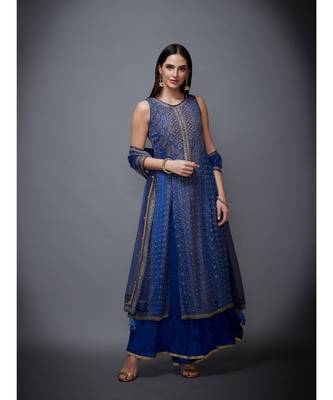 Ri Ritu Kumar Blue Chiffon Round Neck Sleeveless Kurta With Palazzo & Dupatta 1