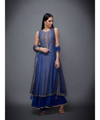 Ri Ritu Kumar Blue Chiffon Round Neck Sleeveless Kurta With Palazzo & Dupatta 2