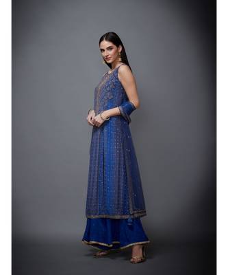 Ri Ritu Kumar Blue Chiffon Round Neck Sleeveless Kurta With Palazzo & Dupatta 3