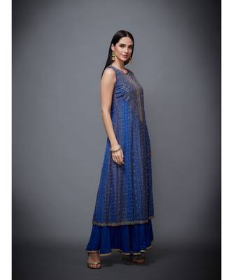 Ri Ritu Kumar Blue Chiffon Round Neck Sleeveless Kurta With Palazzo & Dupatta 4