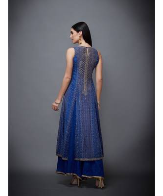 Ri Ritu Kumar Blue Chiffon Round Neck Sleeveless Kurta With Palazzo & Dupatta 5