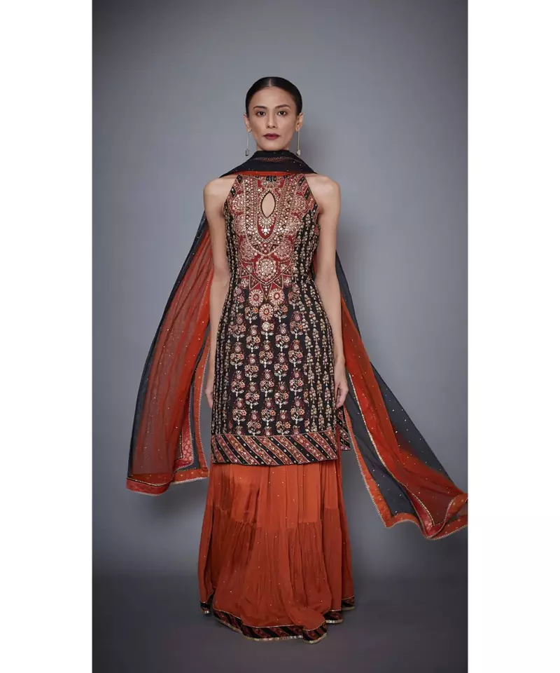 Ri Ritu Kumar Black & Rust Embroidered Kurta With Dupatta And Skirt