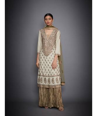 Ri Ritu Kumar Beige Silk Kurta With Crinkled Palazzo and Dupatta 1