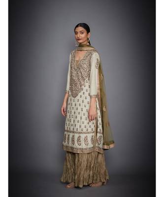 Ri Ritu Kumar Beige Silk Kurta With Crinkled Palazzo and Dupatta 2