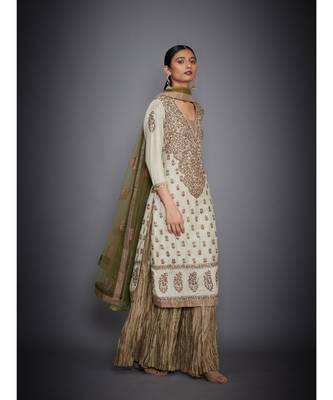 Ri Ritu Kumar Beige Silk Kurta With Crinkled Palazzo and Dupatta 3