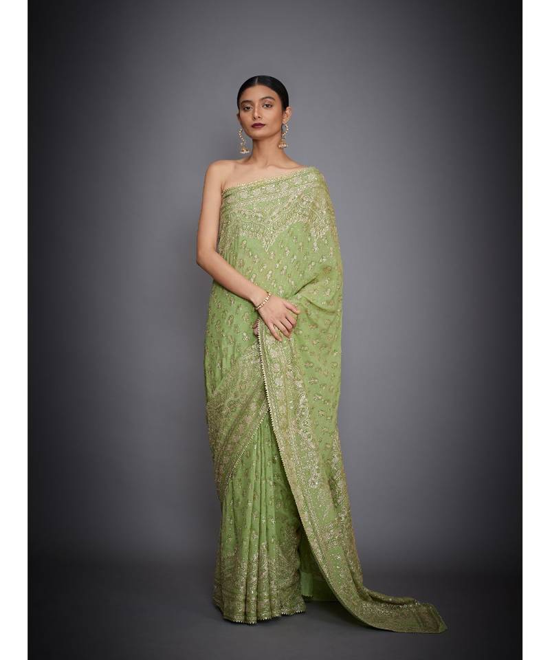 Ri Ritu Kumar Lime Green Floral and Tropical Saree With Unstitched Blouse