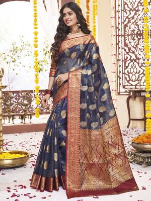 Navy blue woven tissue saree with blouse 1